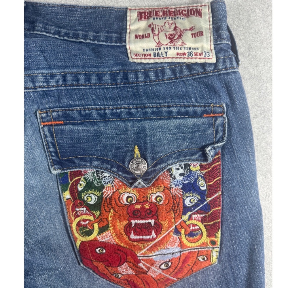 True Religion Billy Jeans Men 36 Blue Distressed Embroidered Mask USA Streetwear